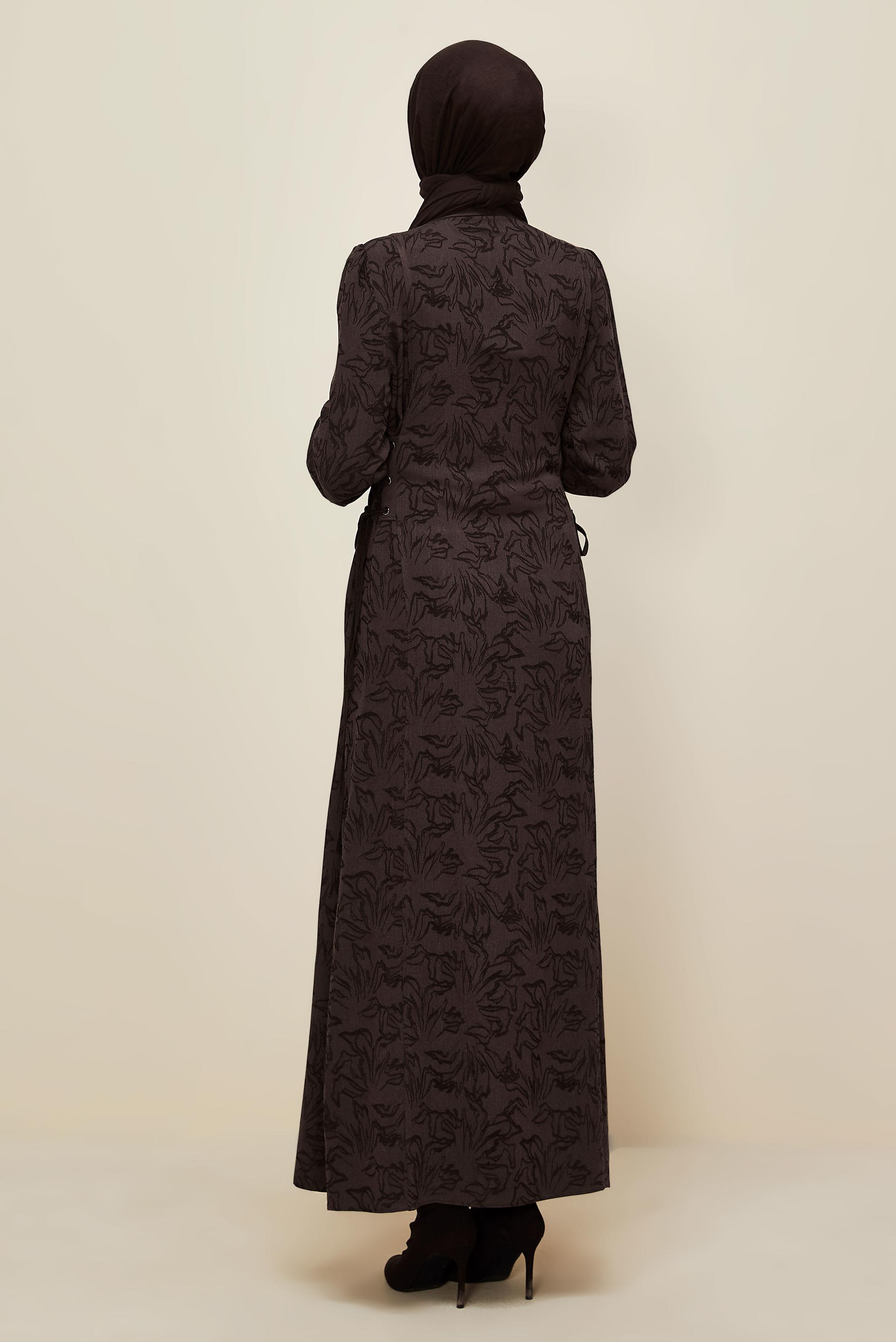 Tesettür giyim KAHVE GÖMLEK YAKA JAKAR ELBİSE 46122