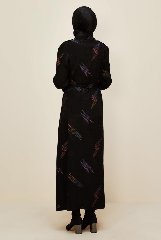 Hijab clothing BLACK JACQUARD DRESS WITH BROOCH DETAIL 46123 - ALVİNA