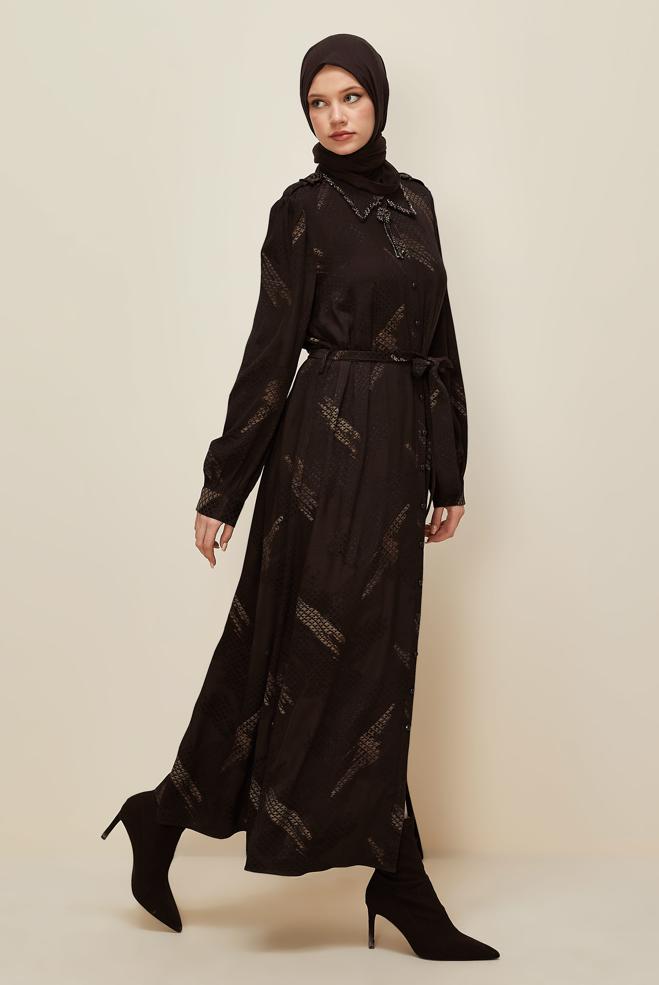Hijab clothing BROWN JACQUARD DRESS WITH BROOCH DETAIL 46123 - ALVİNA