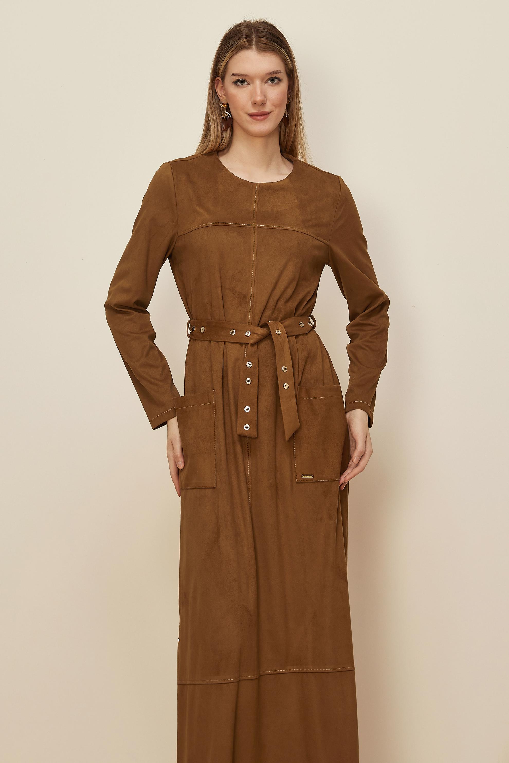 Tesettür giyim TABA KUŞAKLI SÜET ELBİSE 46143