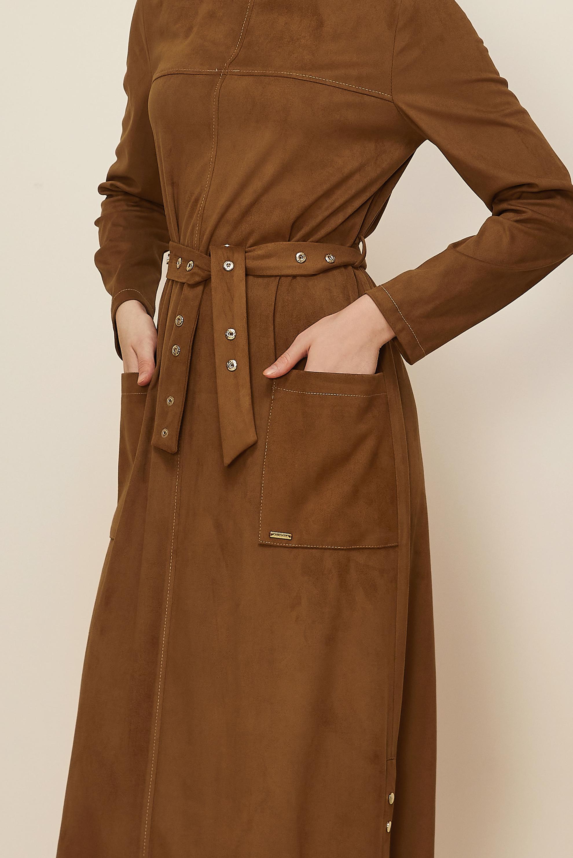 Tesettür giyim TABA KUŞAKLI SÜET ELBİSE 46143