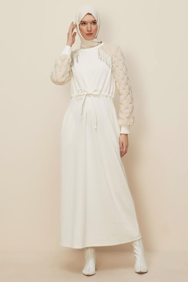 Hijab clothing WHITE SMOCKED WAIST DRESS 46163 - ALVİNA