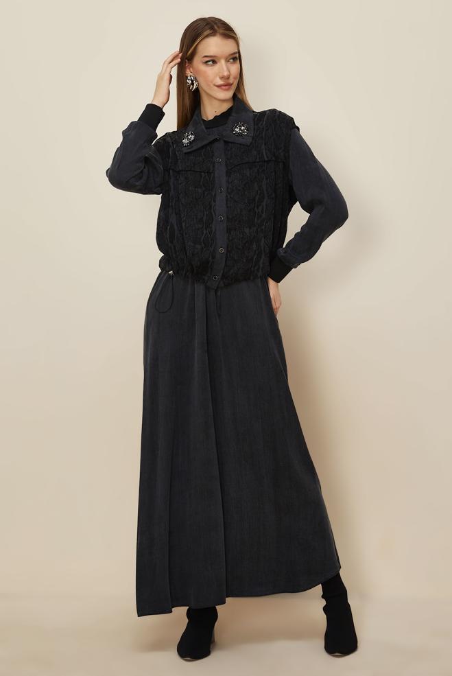 Tesettür giyim SİYAH YELEKLİ ELBİSE TAKIMI 46164 - ALVİNA