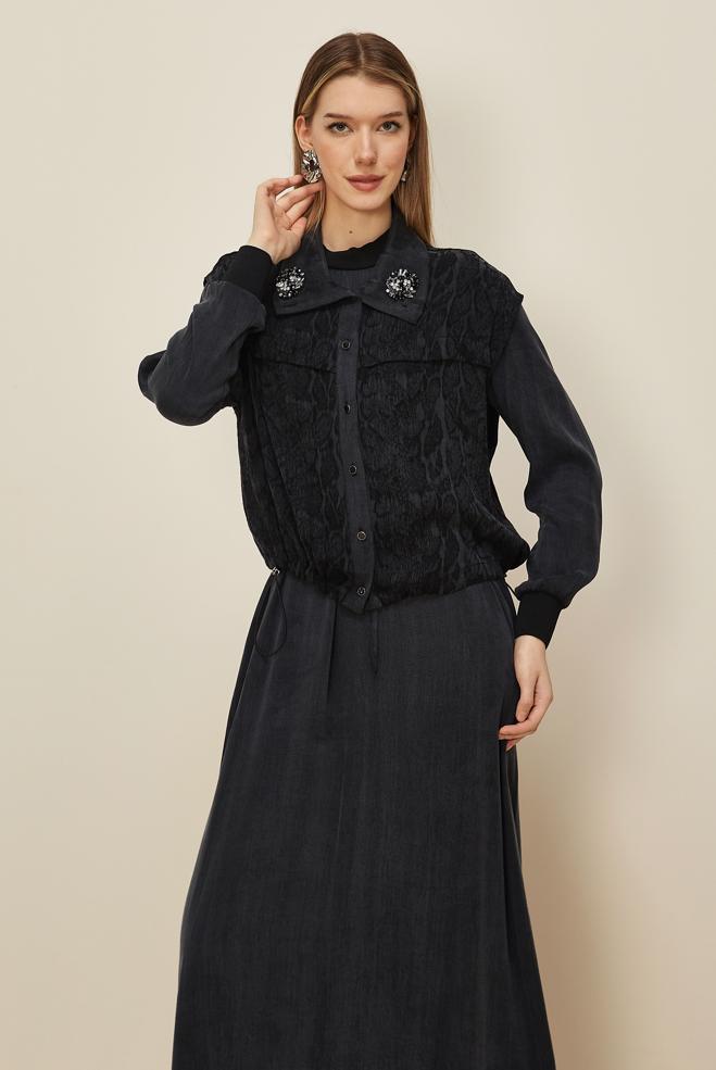 Tesettür giyim SİYAH YELEKLİ ELBİSE TAKIMI 46164 - ALVİNA