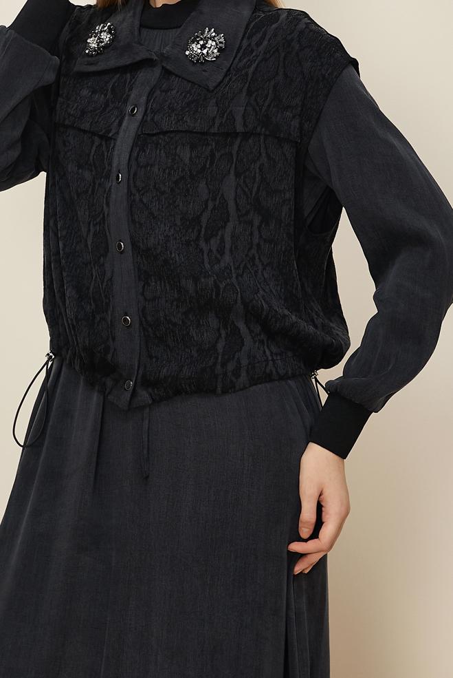 Tesettür giyim SİYAH YELEKLİ ELBİSE TAKIMI 46164 - ALVİNA