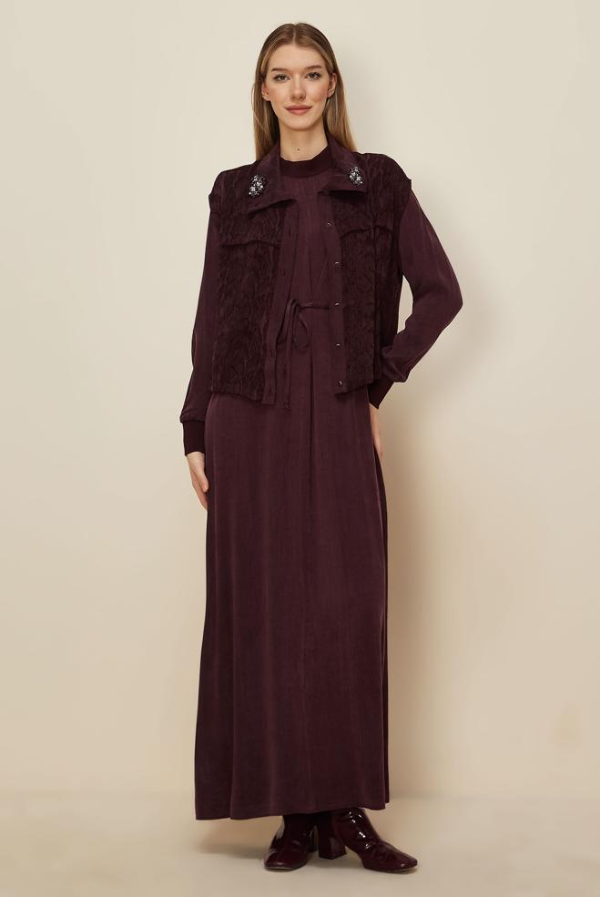 Tesettür giyim BORDO YELEKLİ ELBİSE TAKIMI 46164 - ALVİNA