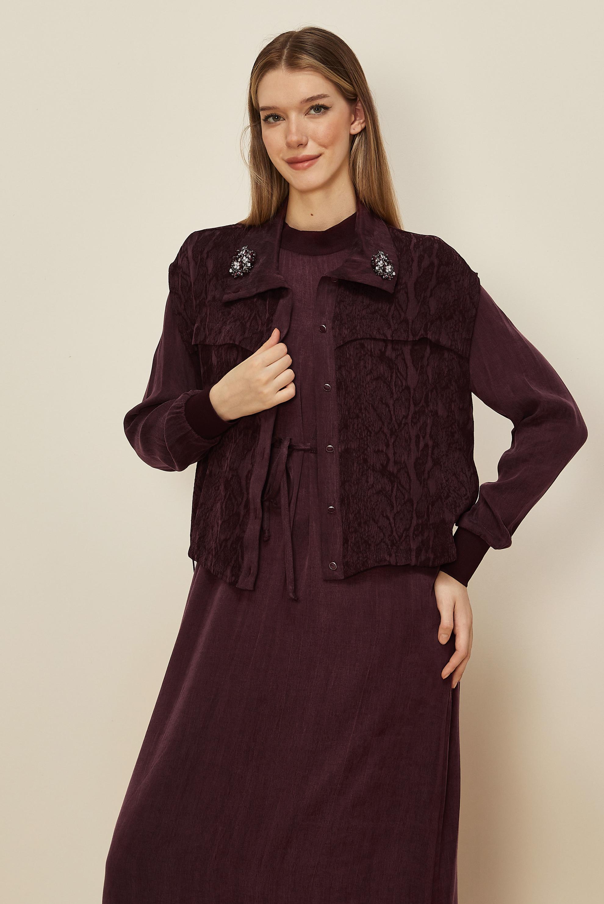 Tesettür giyim BORDO YELEKLİ ELBİSE TAKIMI 46164