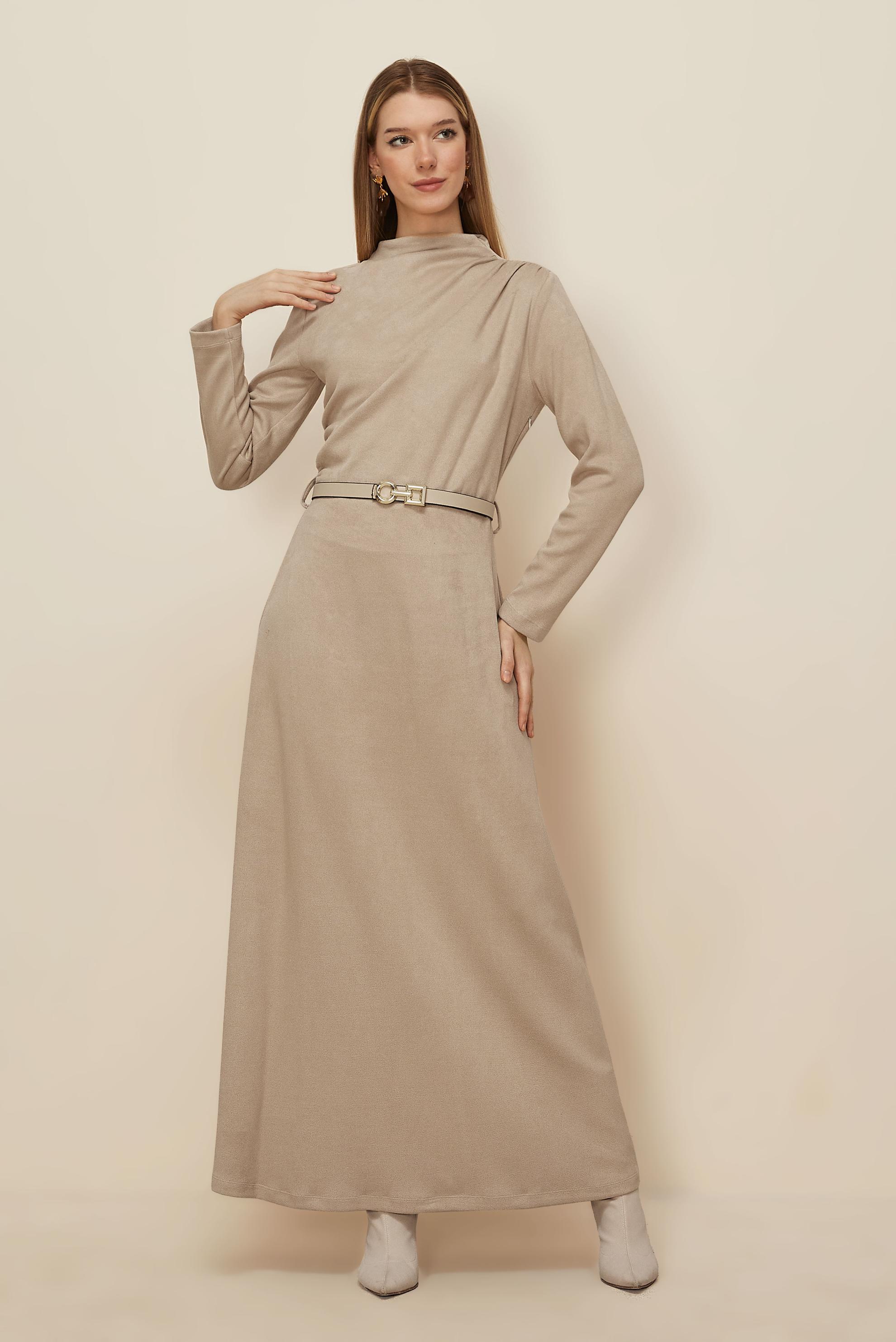 Tesettür giyim BEJ KEMERLİ SÜET ELBİSE 46204