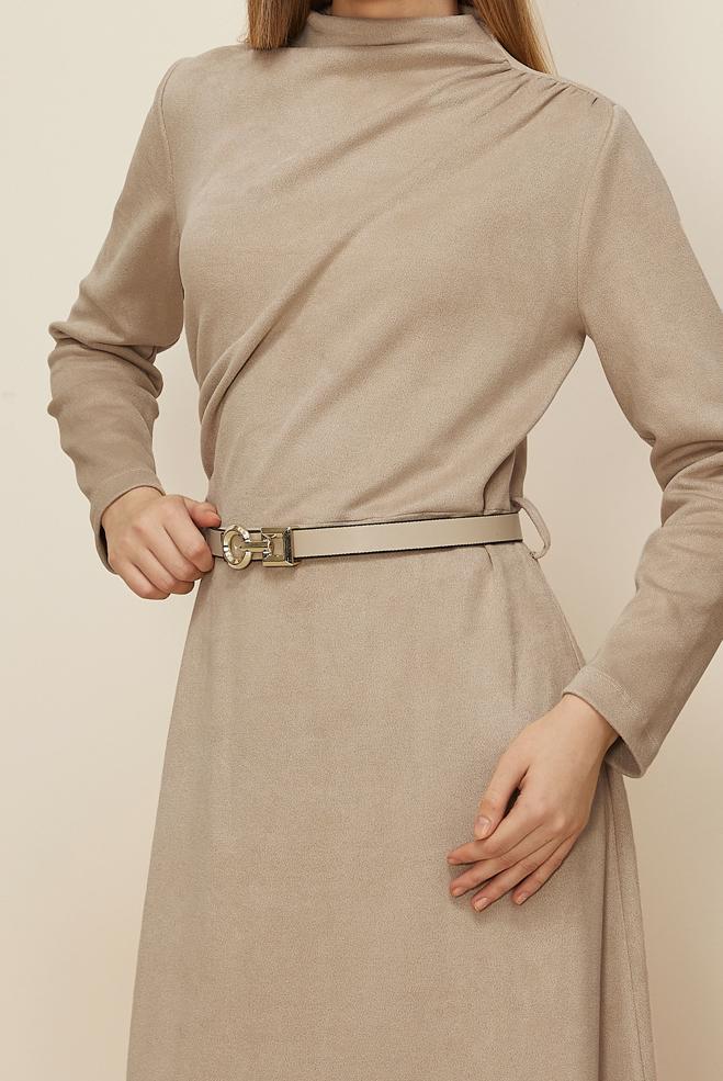 Tesettür giyim BEJ KEMERLİ SÜET ELBİSE 46204 - ALVİNA