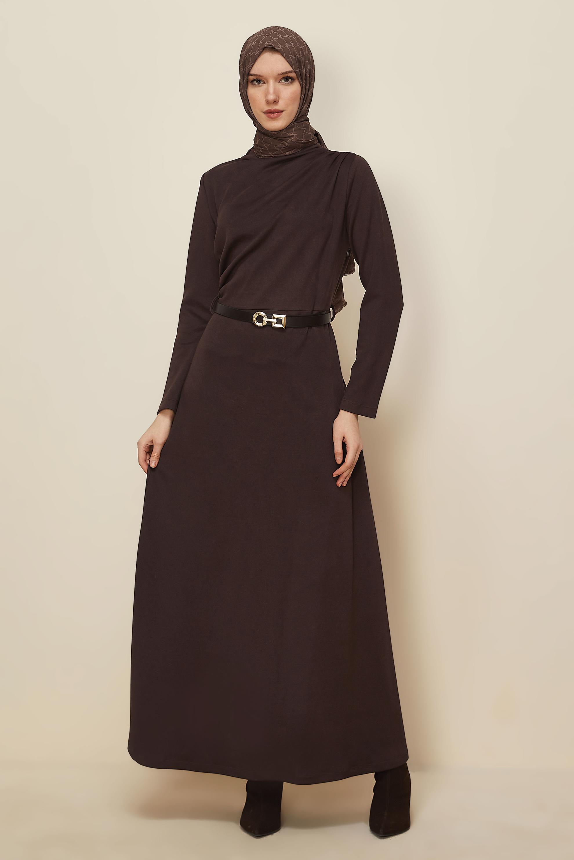Tesettür giyim KAHVE KEMERLİ SÜET ELBİSE 46204