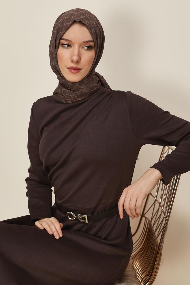 Tesettür giyim KAHVE KEMERLİ SÜET ELBİSE 46204 - ALVİNA