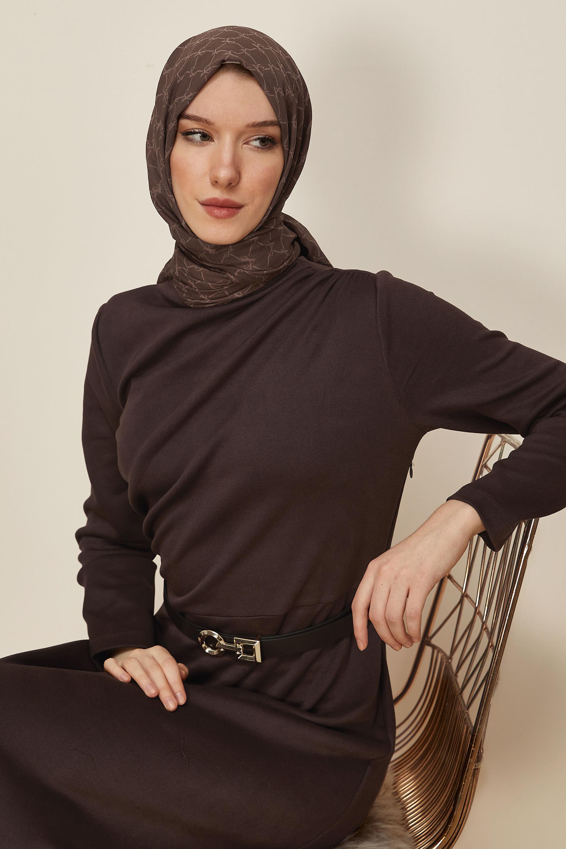 Tesettür giyim KAHVE KEMERLİ SÜET ELBİSE 46204