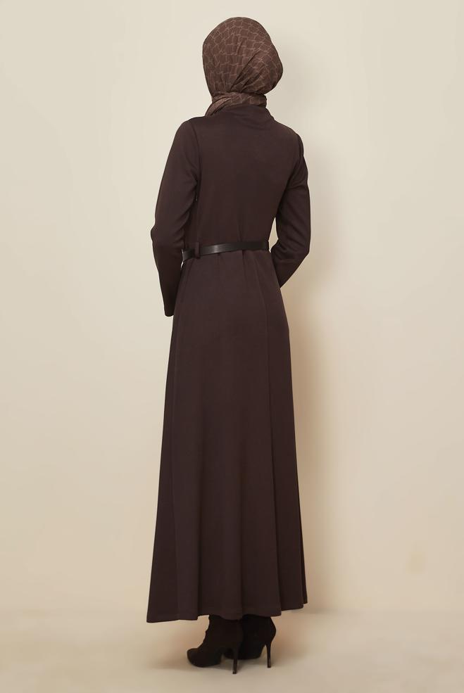 Tesettür giyim KAHVE KEMERLİ SÜET ELBİSE 46204 - ALVİNA