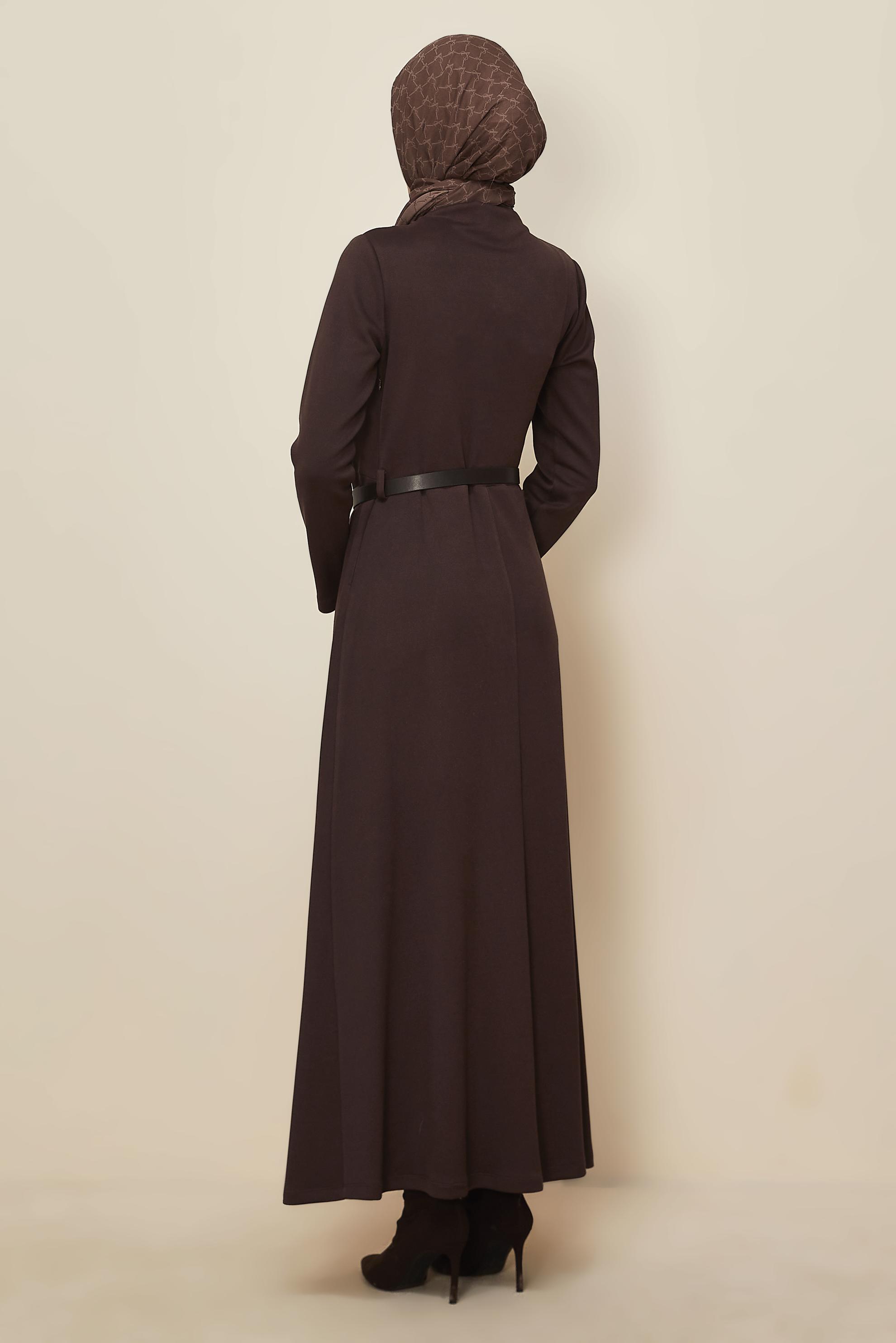 Tesettür giyim KAHVE KEMERLİ SÜET ELBİSE 46204