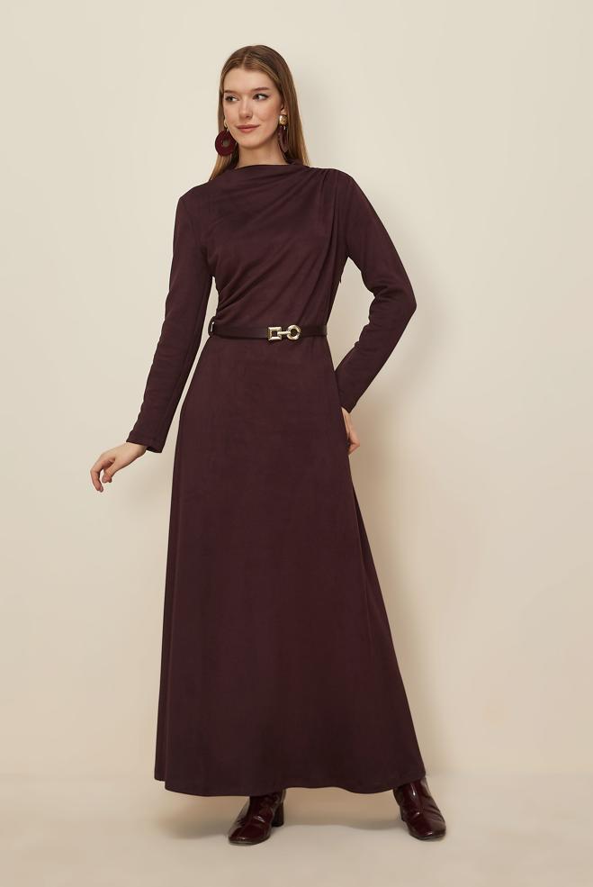 Tesettür giyim MÜRDÜM KEMERLİ SÜET ELBİSE 46204 - ALVİNA