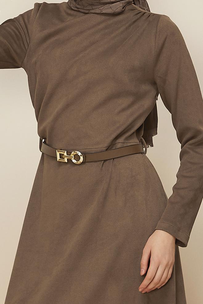 Tesettür giyim VİZON KEMERLİ SÜET ELBİSE 46204 - ALVİNA