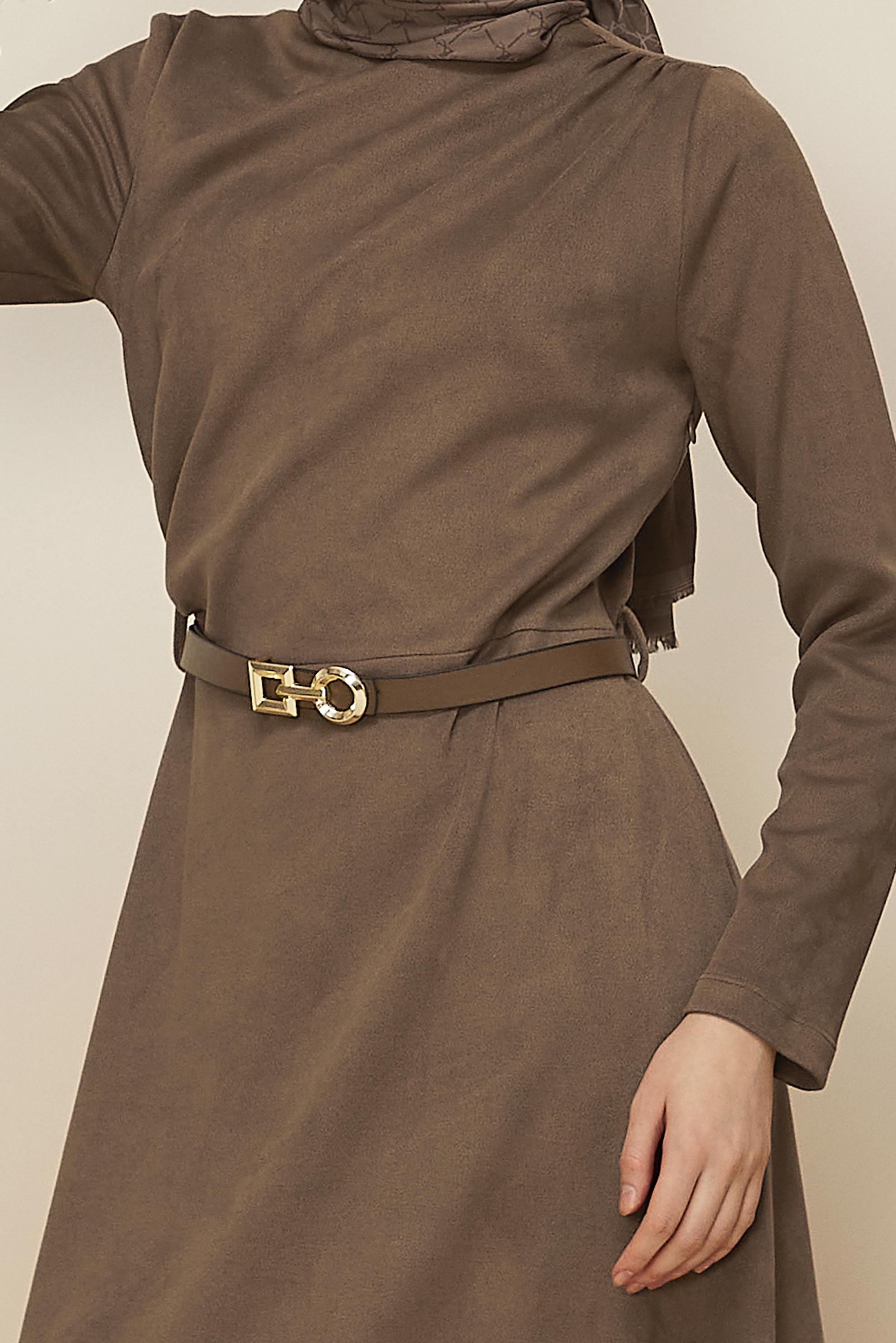 Tesettür giyim VİZON KEMERLİ SÜET ELBİSE 46204