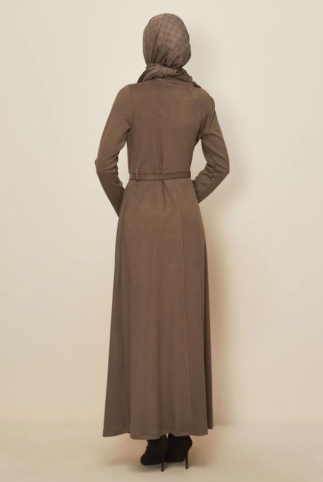 Tesettür giyim VİZON KEMERLİ SÜET ELBİSE 46204 - ALVİNA