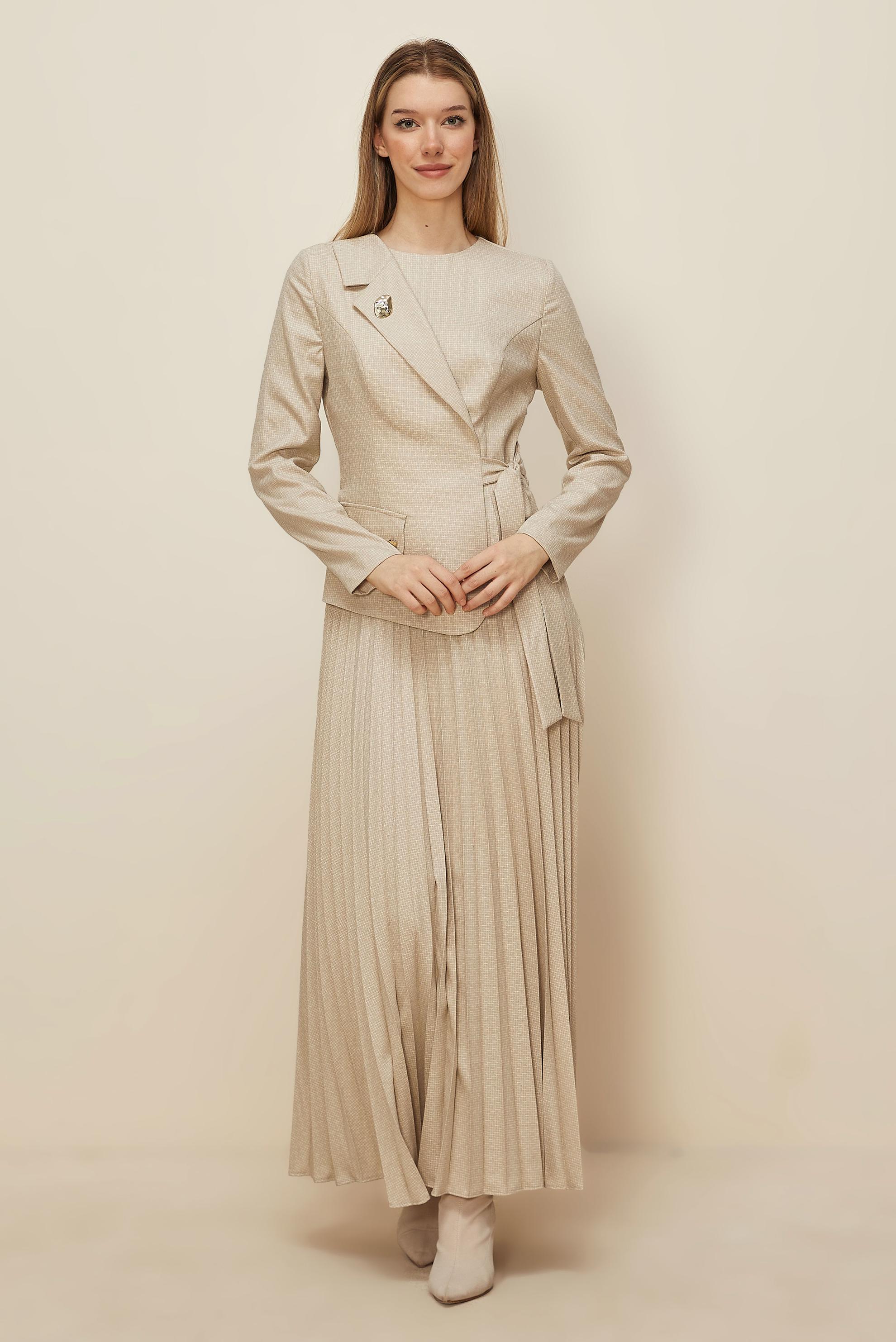 Tesettür giyim BEJ BAĞLAMA DETAYLI ELBİSE 46225