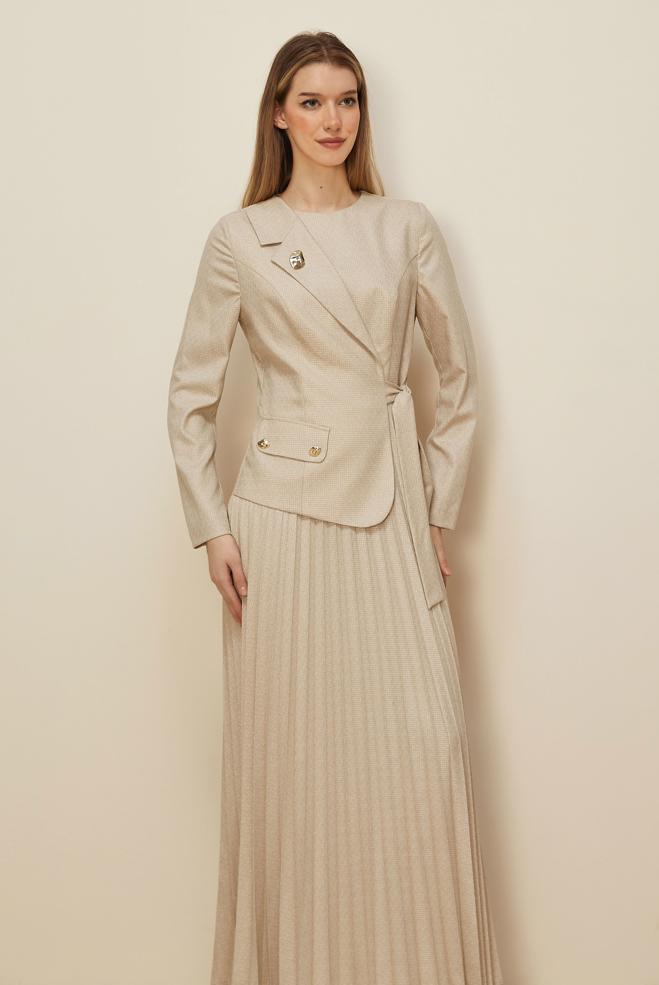 Tesettür giyim BEJ BAĞLAMA DETAYLI ELBİSE 46225 - ALVİNA