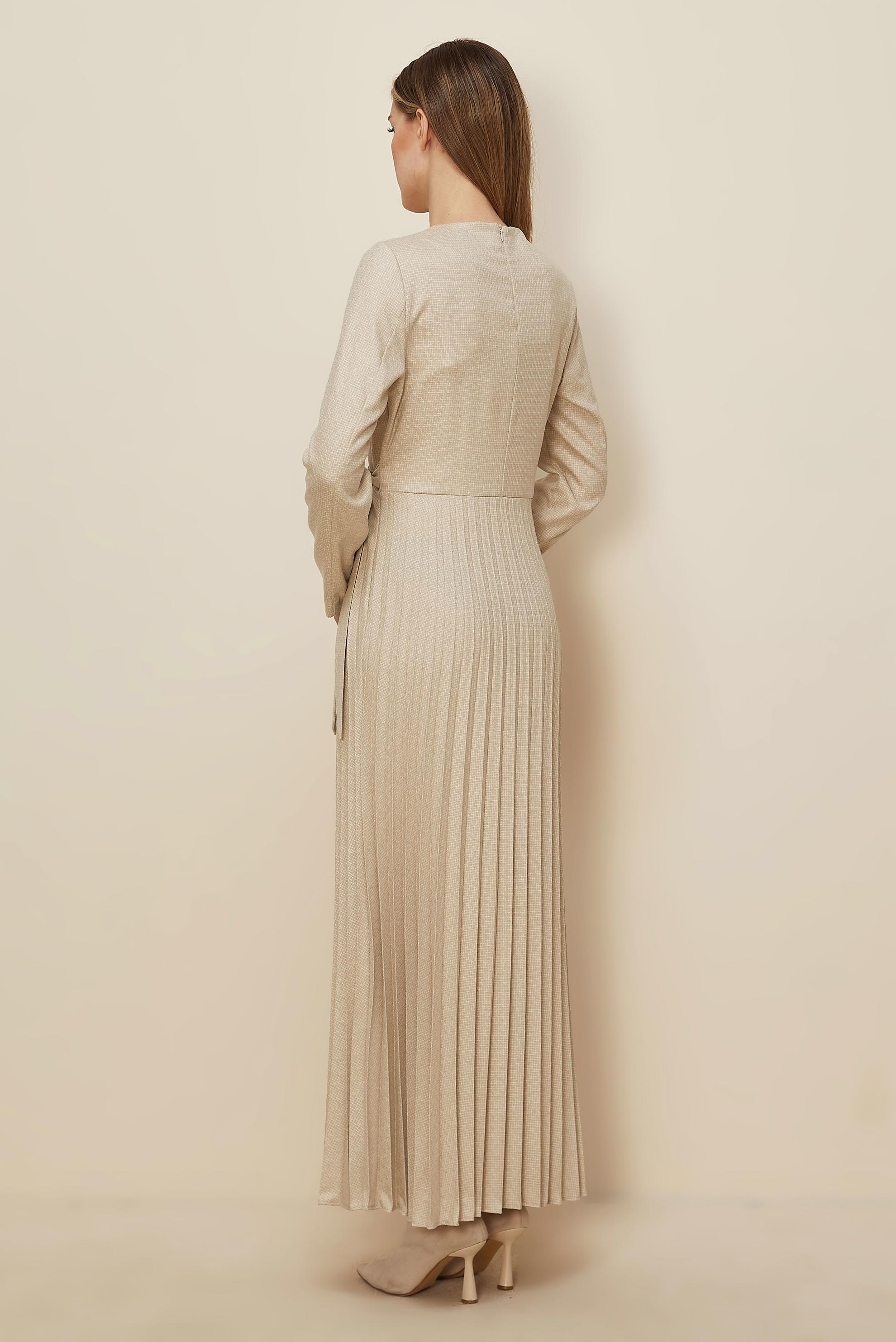 Tesettür giyim BEJ BAĞLAMA DETAYLI ELBİSE 46225