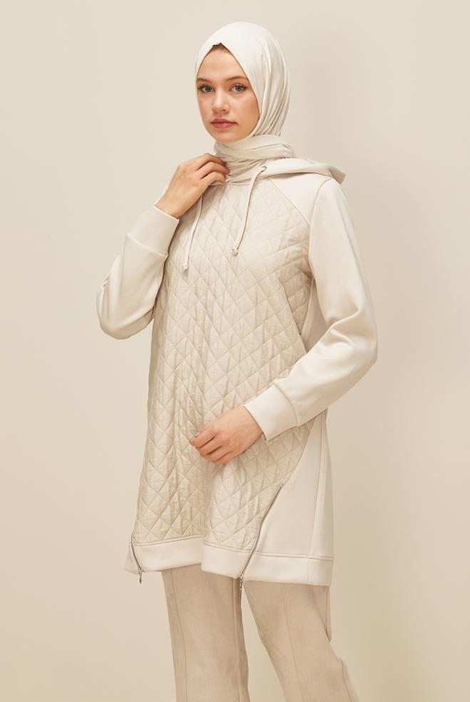 Vêtements hijab ÉCRUE TUNIQUE DE SURVÊTEMENT À CAPUCHE 45181 - ALVİNA