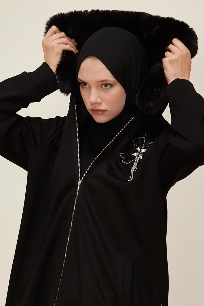 Vêtements hijab NOIR ENSEMBLE DE SURVÊTEMENT DÉTAILLÉ EN FOURRURE 45207 - ALVİNA
