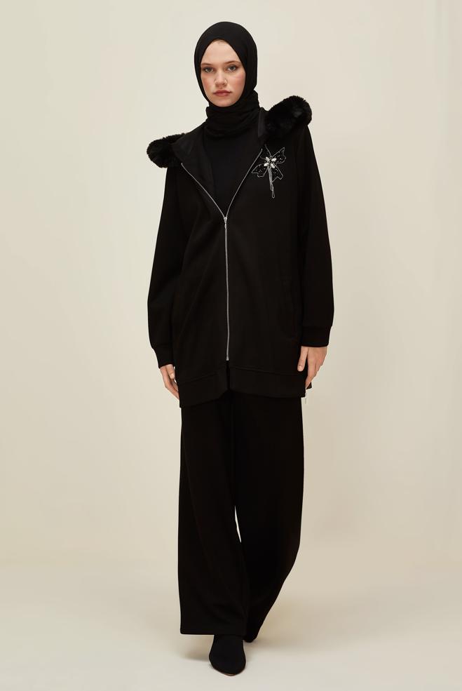 Vêtements hijab NOIR ENSEMBLE DE SURVÊTEMENT DÉTAILLÉ EN FOURRURE 45207 - ALVİNA