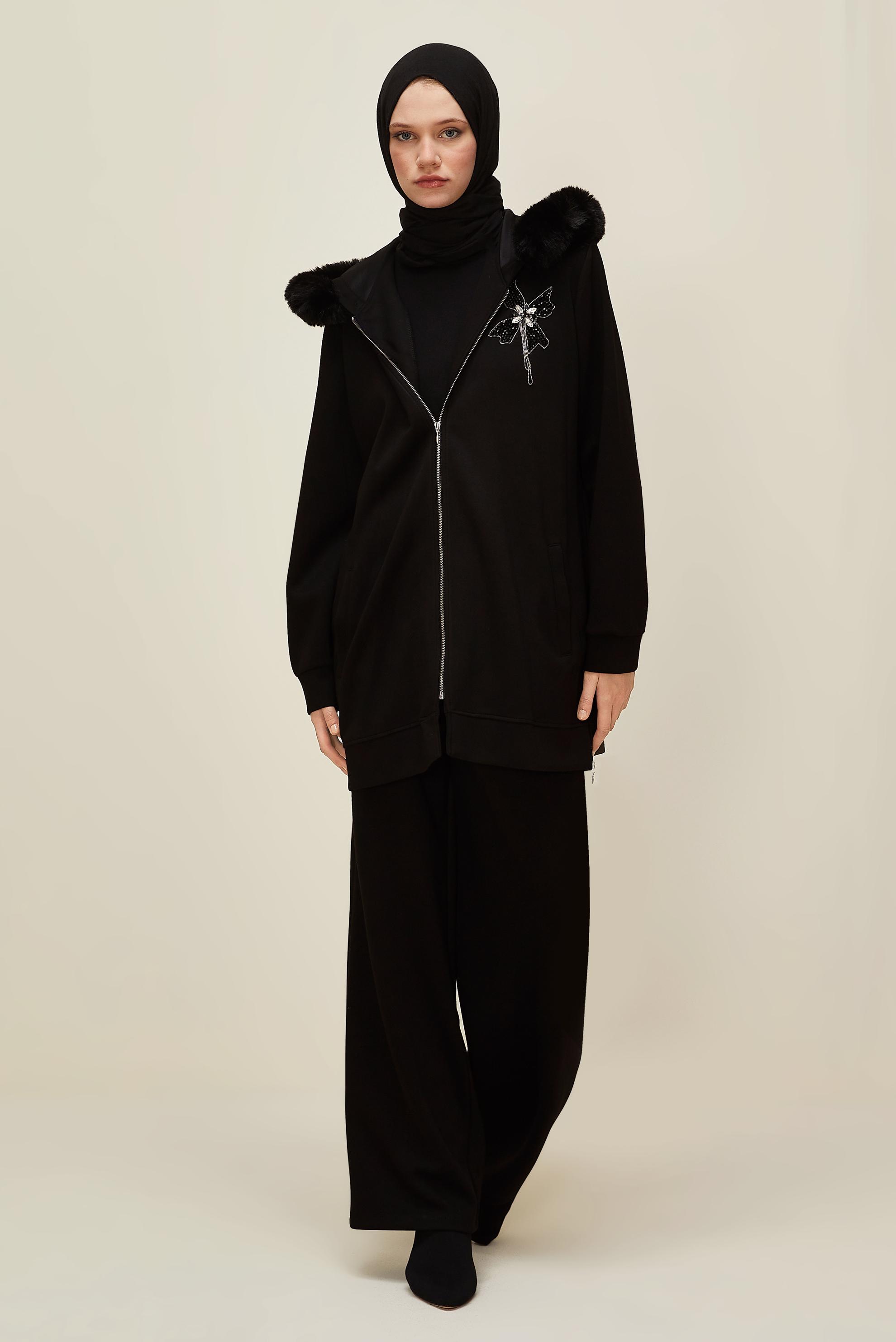 Hijab clothing BLACK FUR DETAILED TRACKSUIT SET 45207