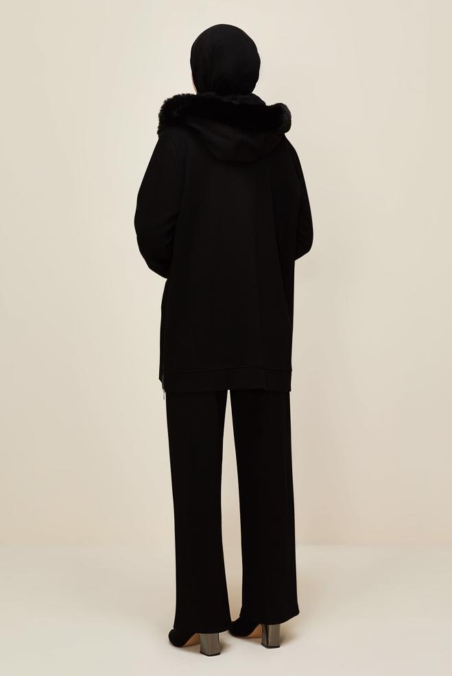 Vêtements hijab NOIR ENSEMBLE DE SURVÊTEMENT DÉTAILLÉ EN FOURRURE 45207 - ALVİNA