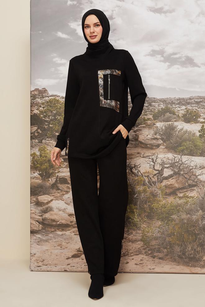 Vêtements hijab NOIR ENSEMBLE DE SURVÊTEMENT DÉTAILLÉ À PAILLETTES 45912 - ALVİNA