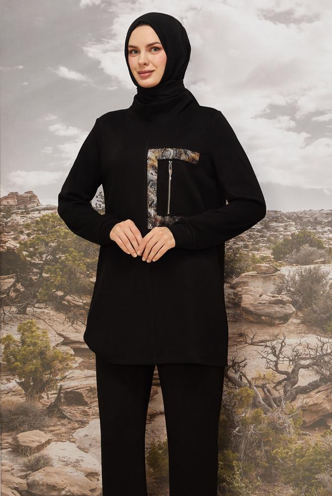 Vêtements hijab NOIR ENSEMBLE DE SURVÊTEMENT DÉTAILLÉ À PAILLETTES 45912 - ALVİNA