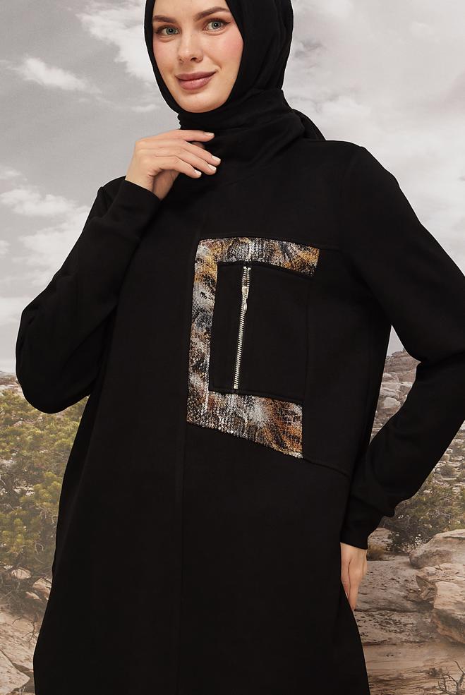 Vêtements hijab NOIR ENSEMBLE DE SURVÊTEMENT DÉTAILLÉ À PAILLETTES 45912 - ALVİNA