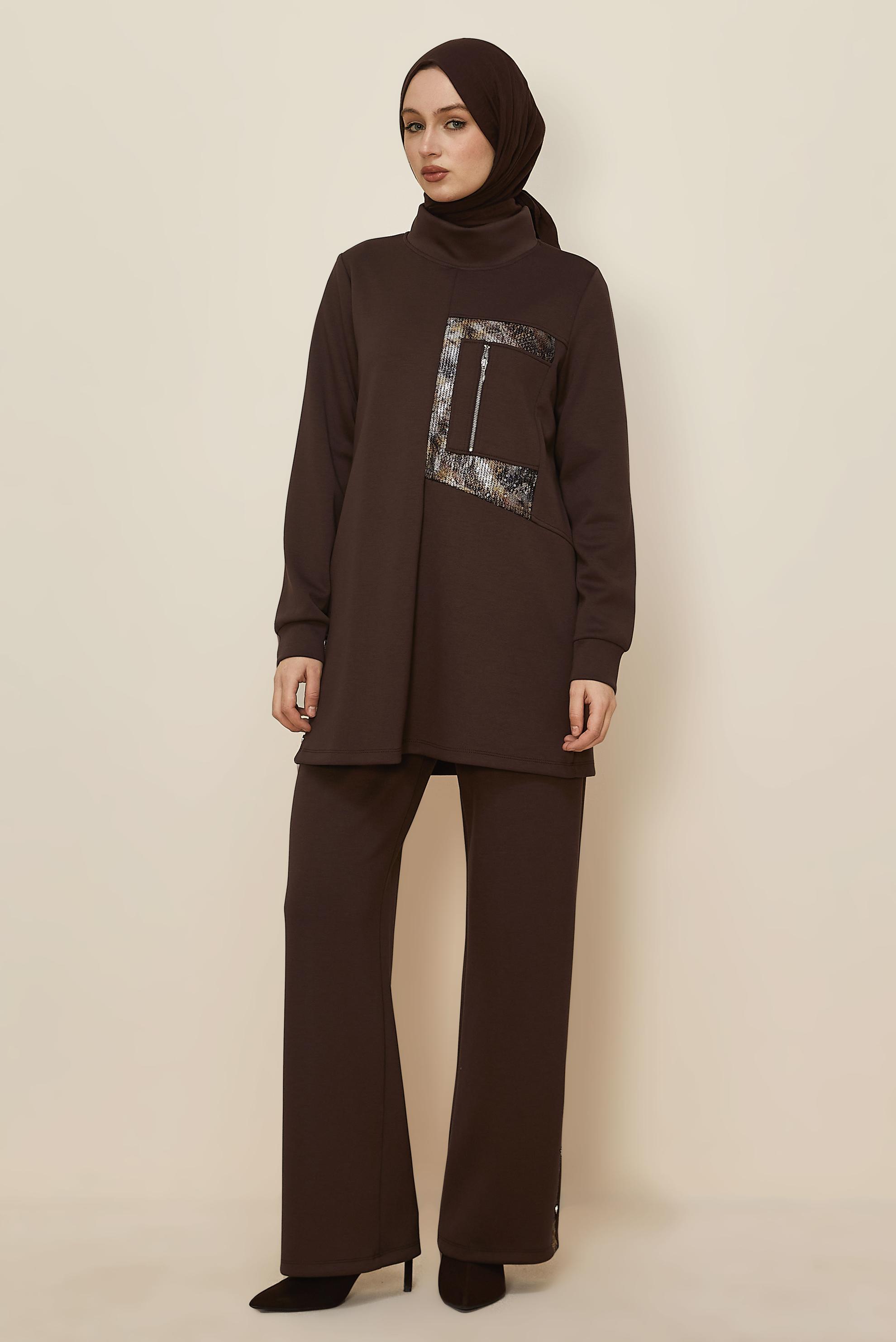 Hijab clothing BROWN SEQUIN DETAILED TRACKSUIT 45912