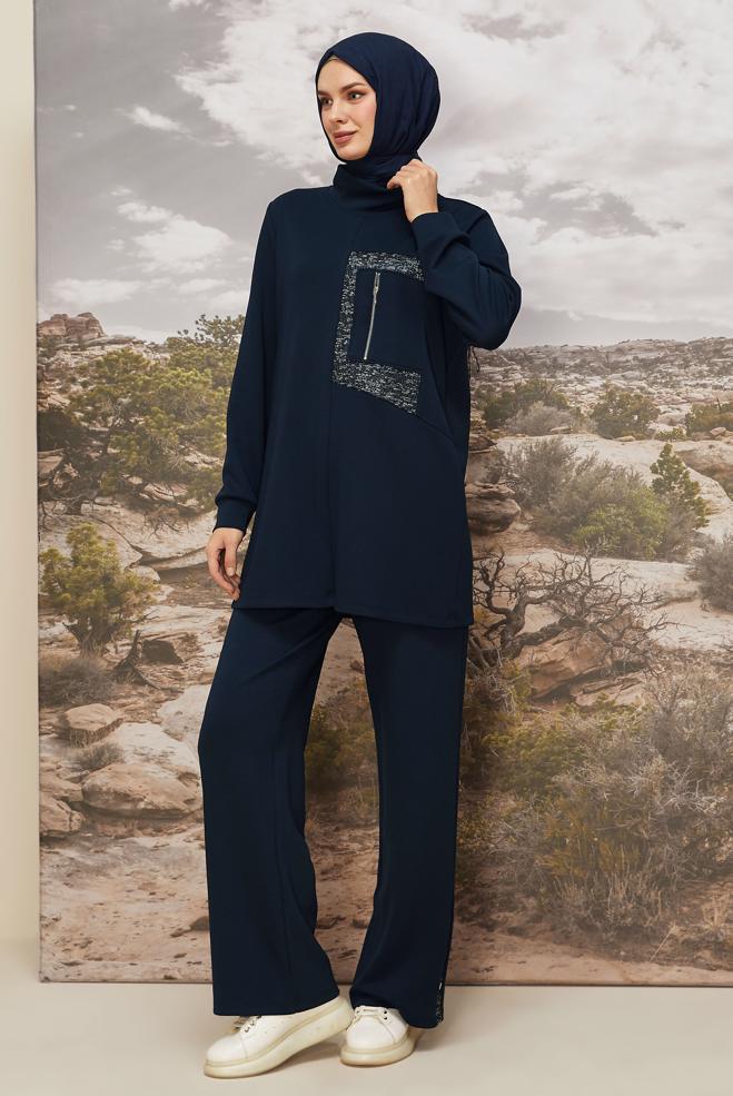 Vêtements hijab BLEU MARINE ENSEMBLE DE SURVÊTEMENT DÉTAILLÉ À PAILLETTES 45912 - ALVİNA