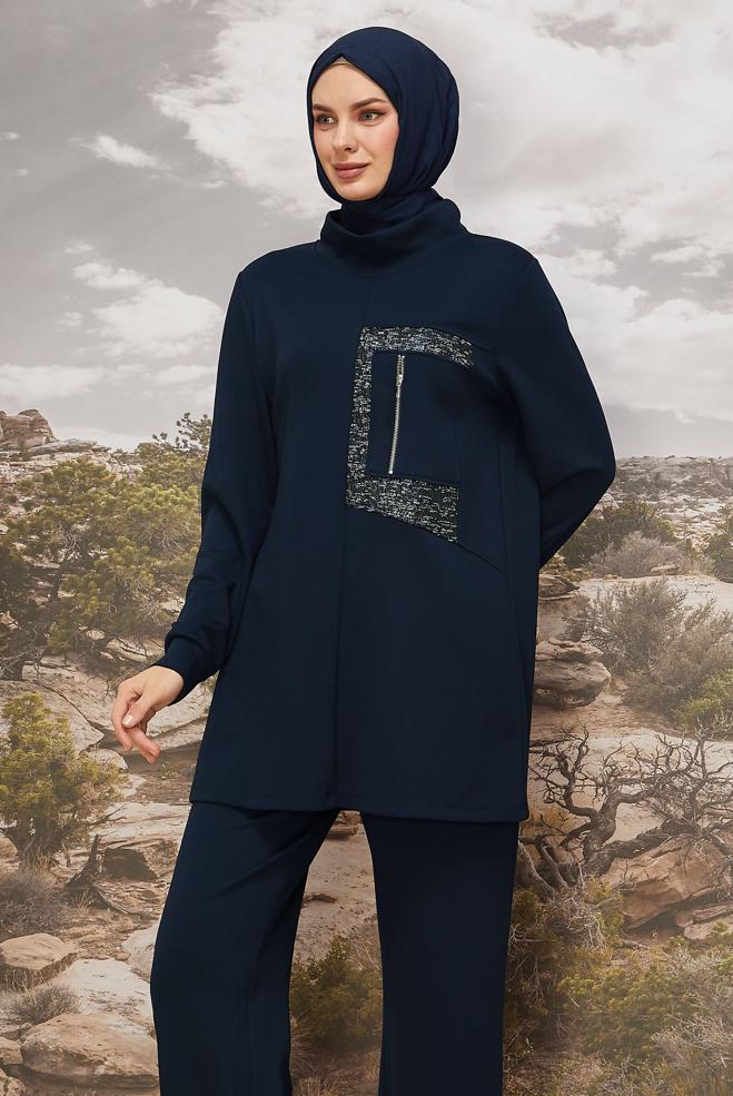 Vêtements hijab BLEU MARINE ENSEMBLE DE SURVÊTEMENT DÉTAILLÉ À PAILLETTES 45912 - ALVİNA