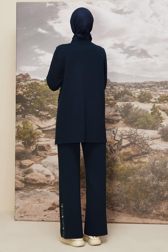 Vêtements hijab BLEU MARINE ENSEMBLE DE SURVÊTEMENT DÉTAILLÉ À PAILLETTES 45912 - ALVİNA