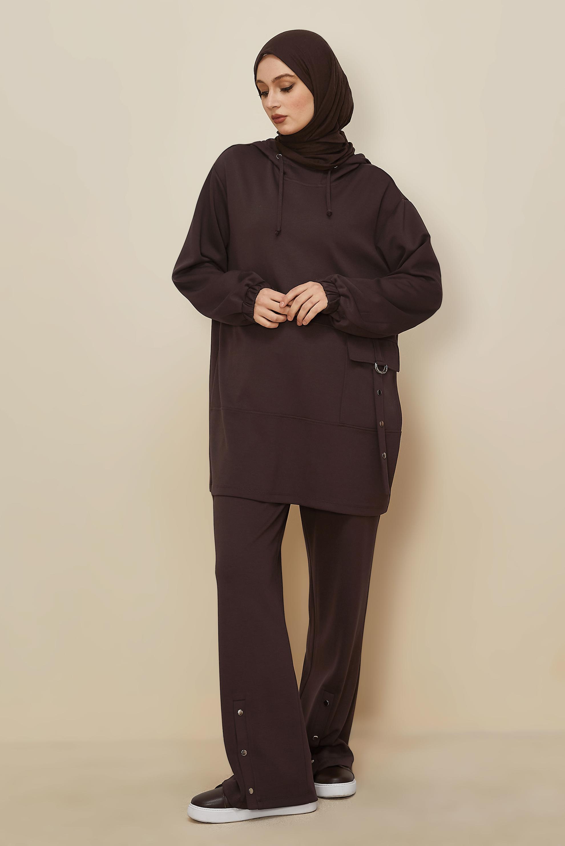 Tesettür giyim KAHVE KAPÜŞONLU EŞOFMAN TAKIMI 45914