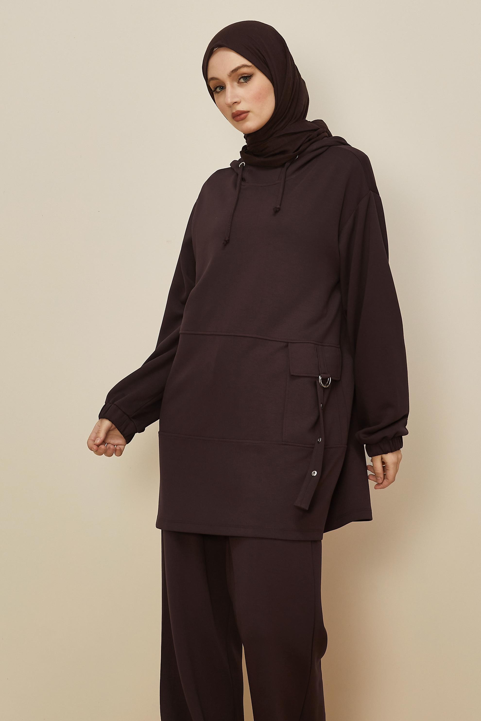 Tesettür giyim KAHVE KAPÜŞONLU EŞOFMAN TAKIMI 45914