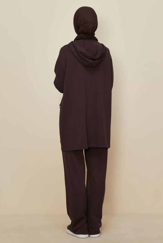 Tesettür giyim KAHVE KAPÜŞONLU EŞOFMAN TAKIMI 45914 - ALVİNA