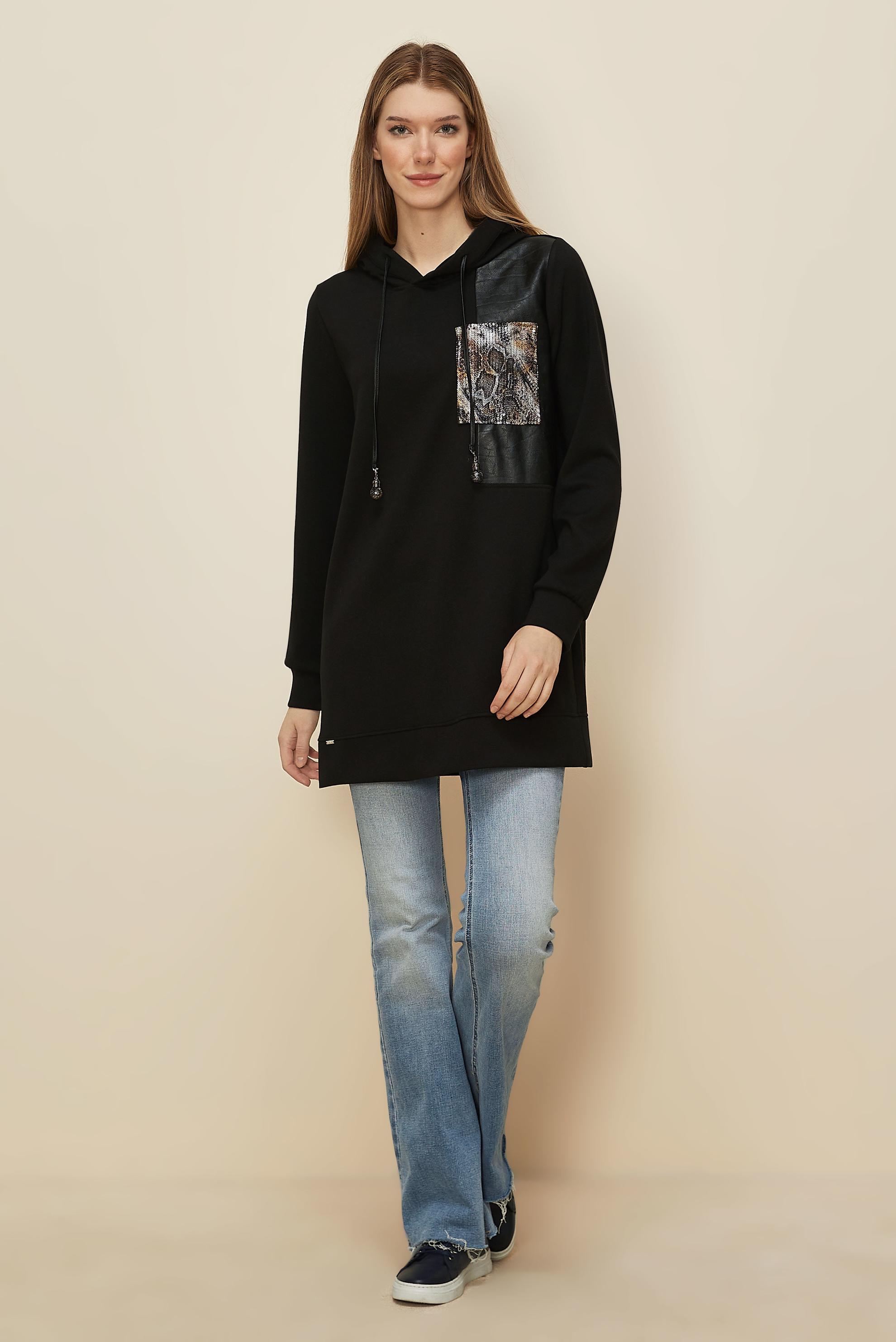 Tesettür giyim SİYAH KAPÜŞONLU EŞOFMAN TUNİK 45917