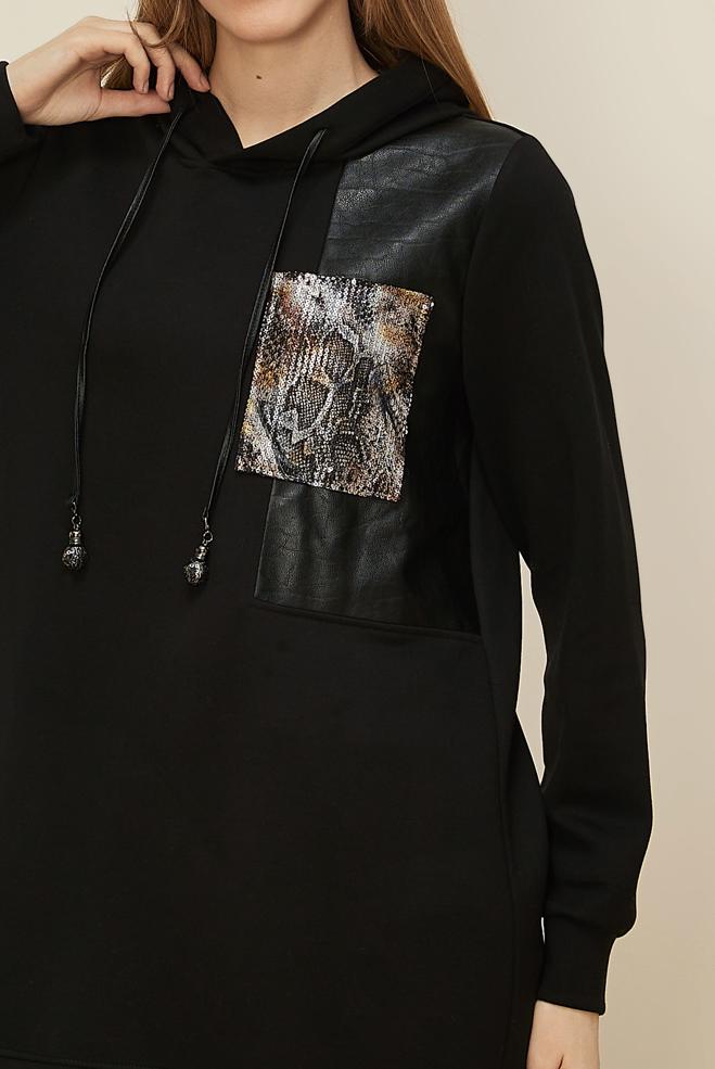 Tesettür giyim SİYAH KAPÜŞONLU EŞOFMAN TUNİK 45917 - ALVİNA