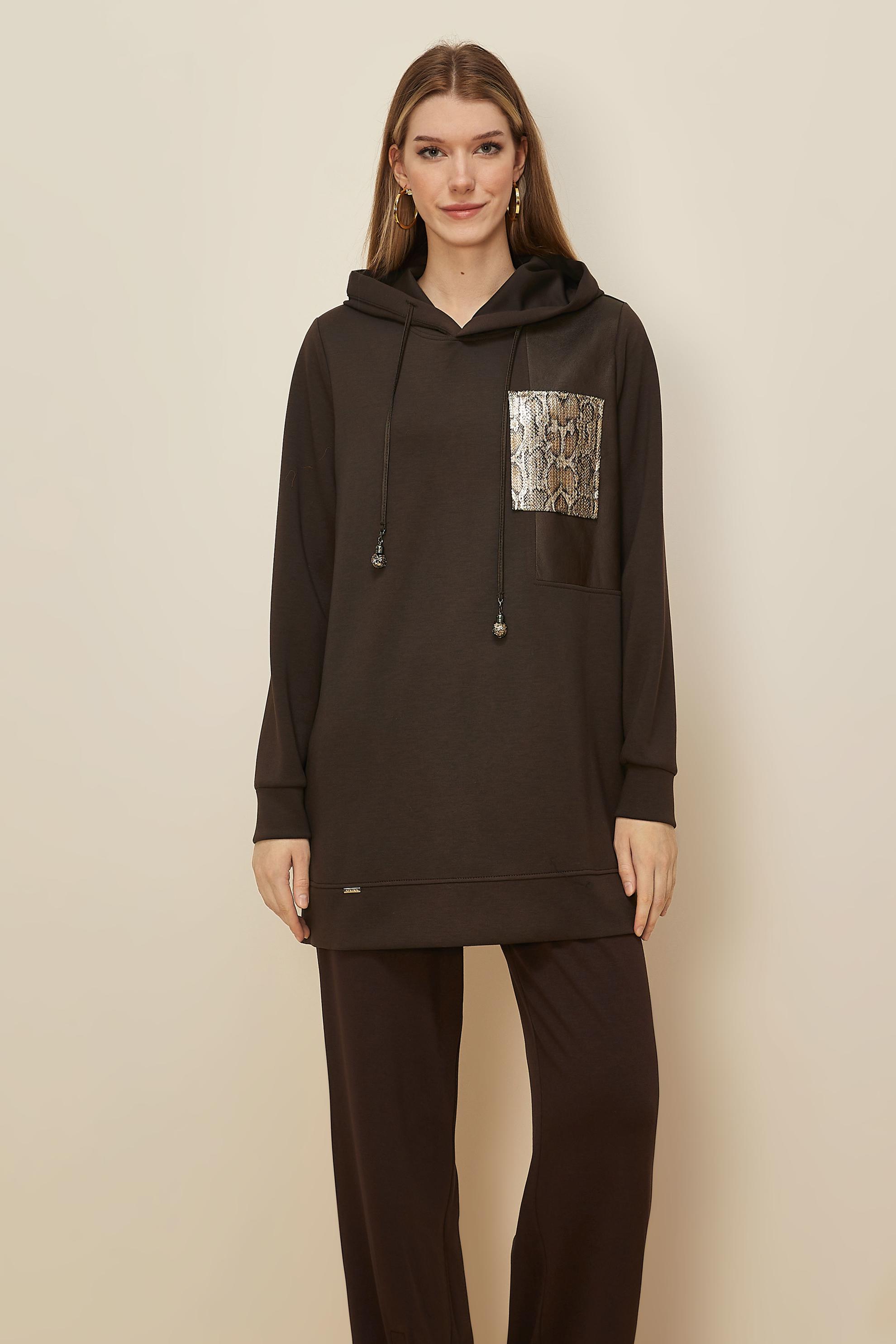 Tesettür giyim KAHVE KAPÜŞONLU EŞOFMAN TUNİK 45917