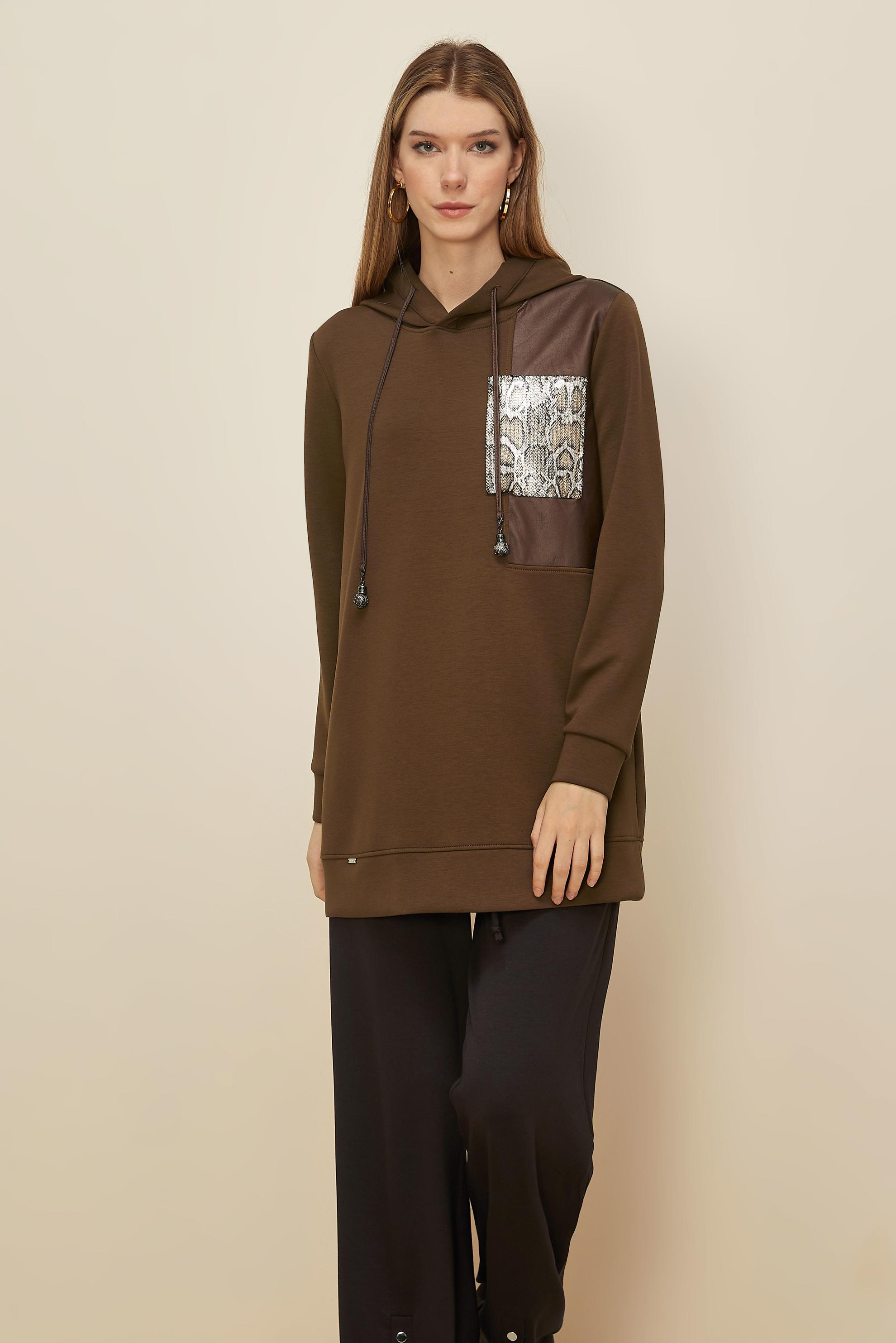 Tesettür giyim VİZON KAPÜŞONLU EŞOFMAN TUNİK 45917