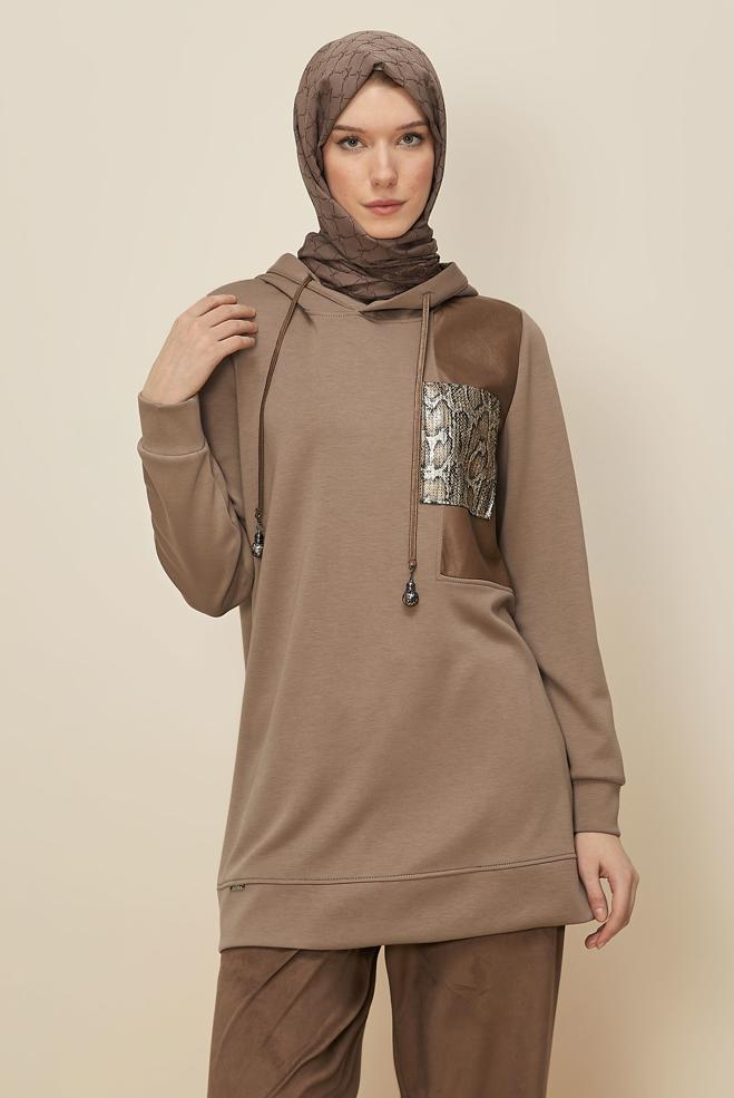 Tesettür giyim KAHVE KAPÜŞONLU EŞOFMAN TUNİK 45917 - ALVİNA