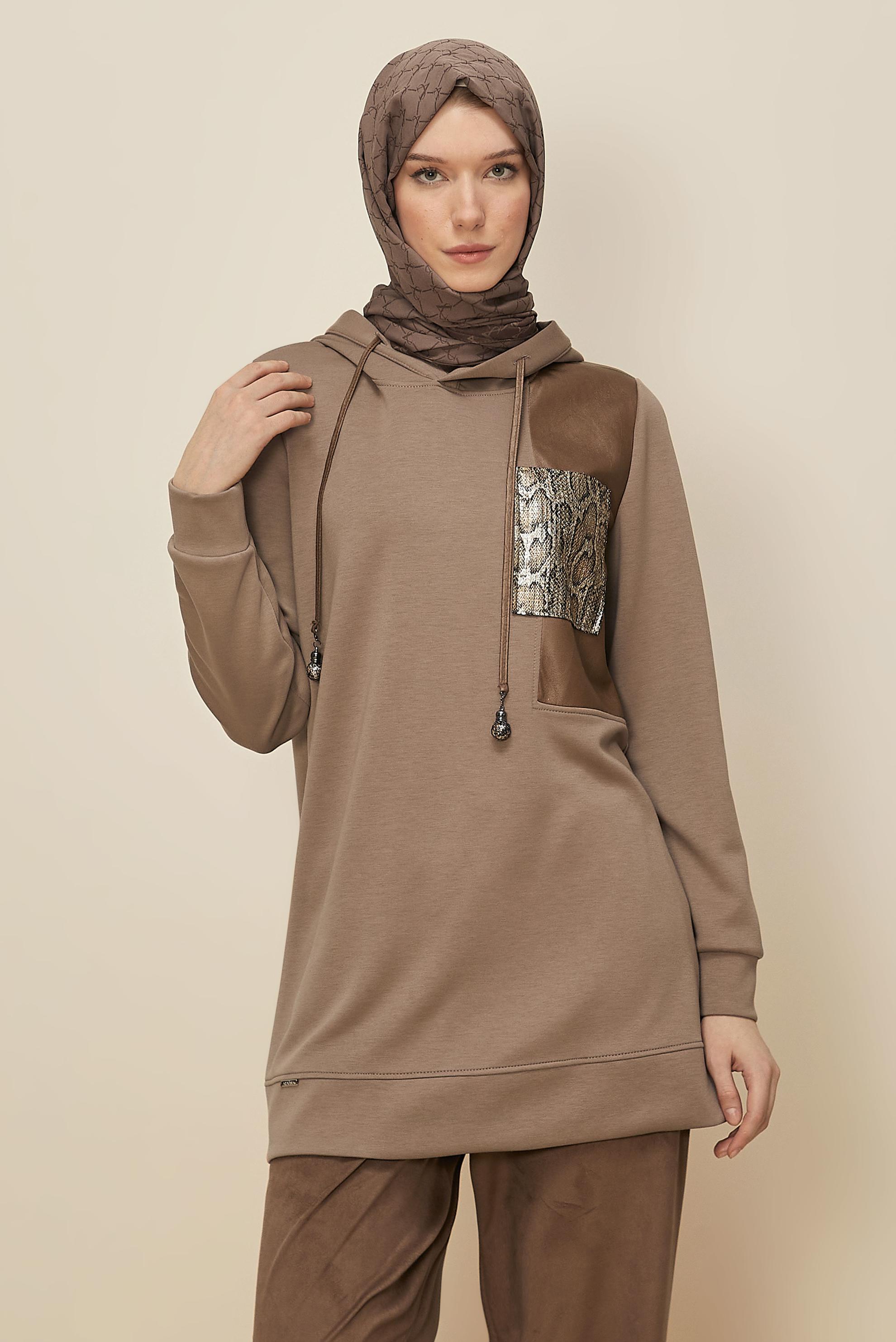 Tesettür giyim KAHVE KAPÜŞONLU EŞOFMAN TUNİK 45917