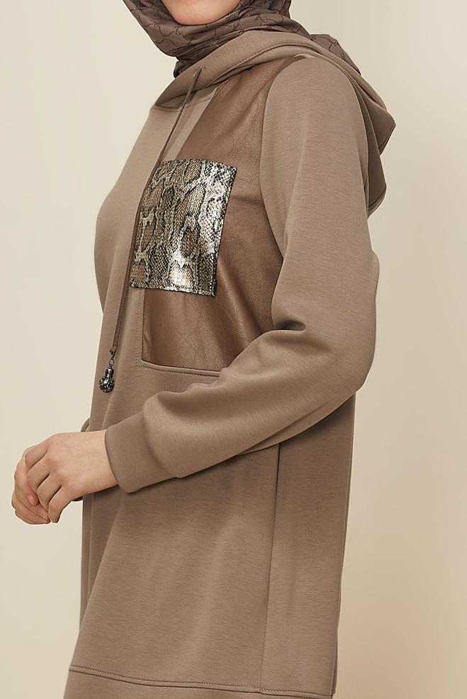 Tesettür giyim KAHVE KAPÜŞONLU EŞOFMAN TUNİK 45917 - ALVİNA