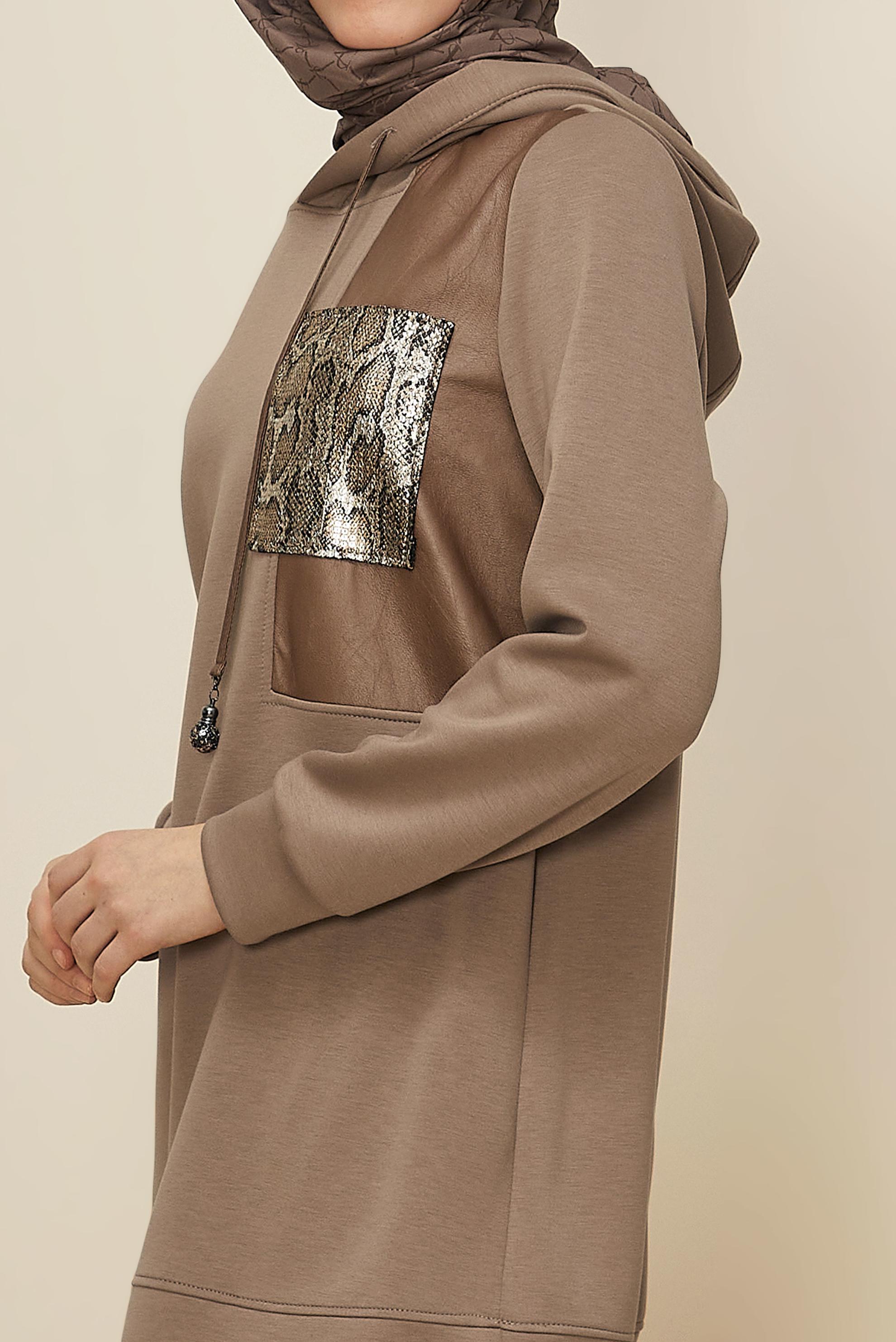 Tesettür giyim KAHVE KAPÜŞONLU EŞOFMAN TUNİK 45917