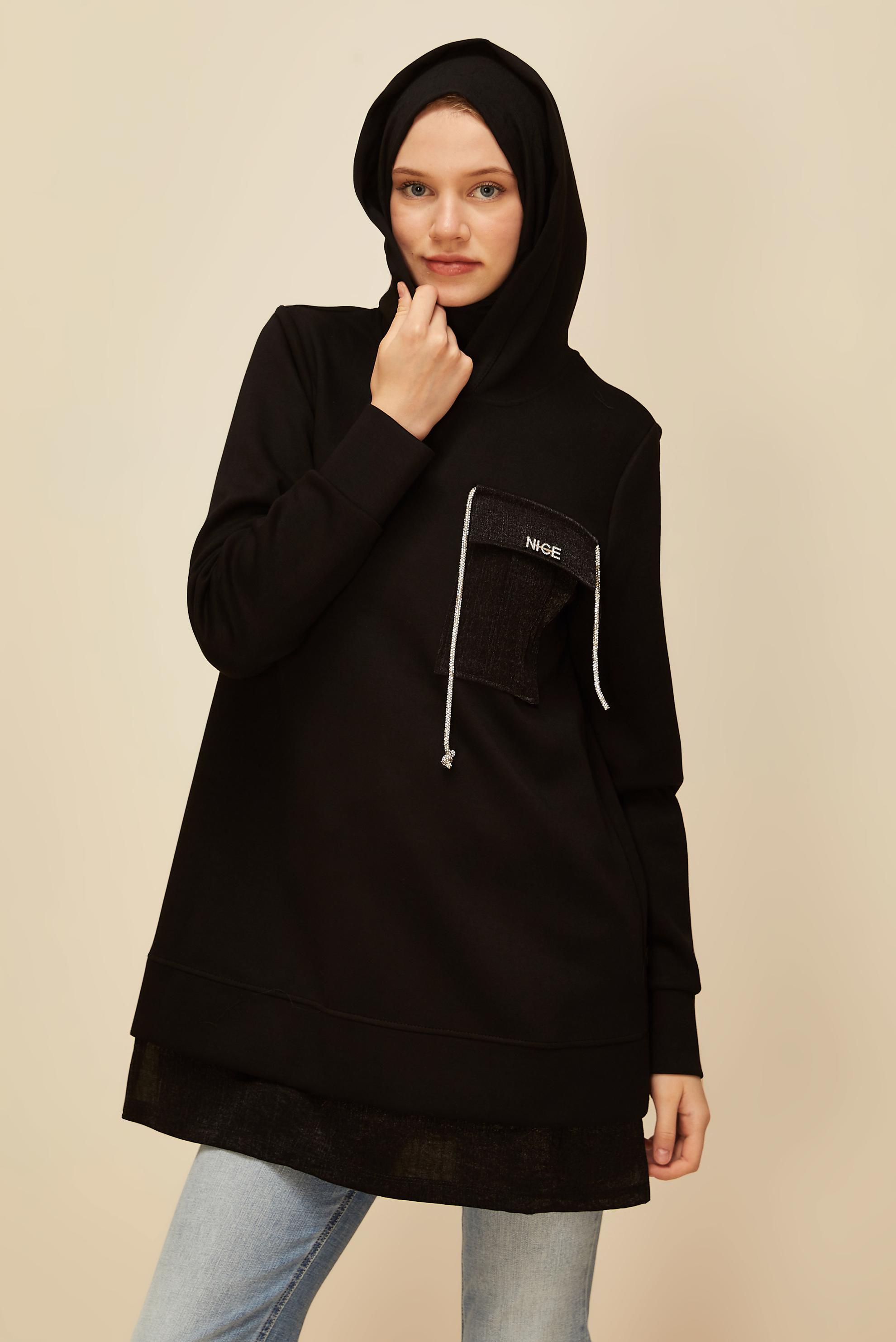 Vêtements hijab NOIR TUNIQUE DE SURVÊTEMENT À CAPUCHE 45920