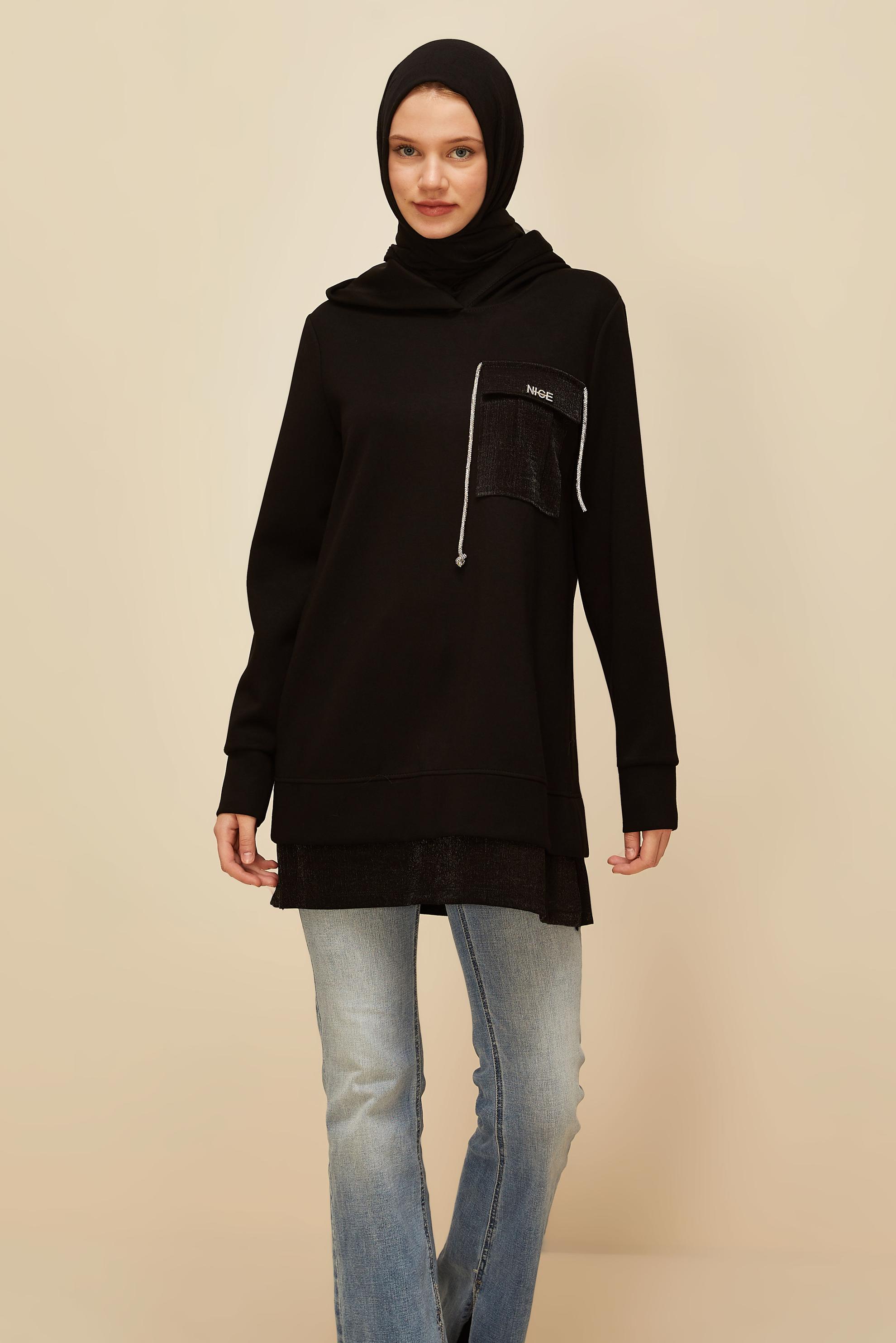 Vêtements hijab NOIR TUNIQUE DE SURVÊTEMENT À CAPUCHE 45920